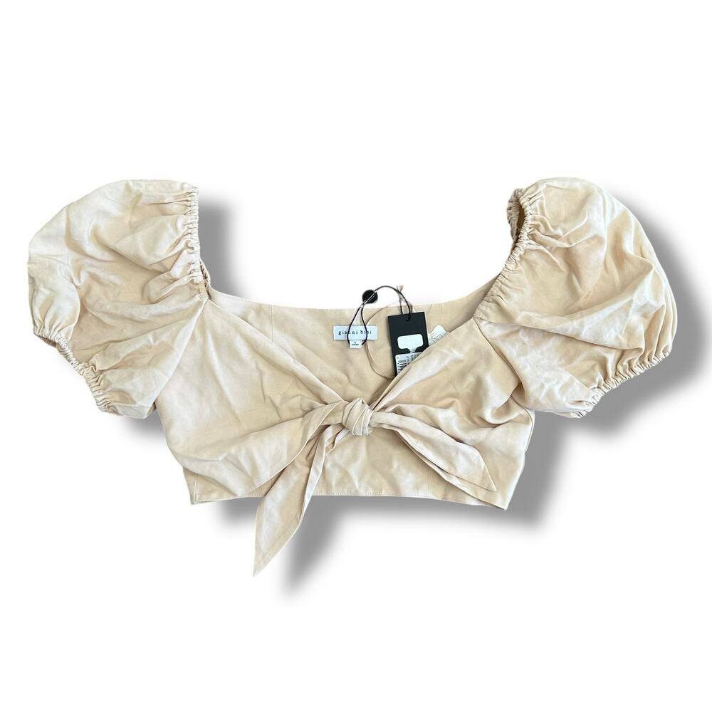 Gianni Bini NWT Woven‎ Beau Crop Top Puff Sleeve Womens Size S in Khaki